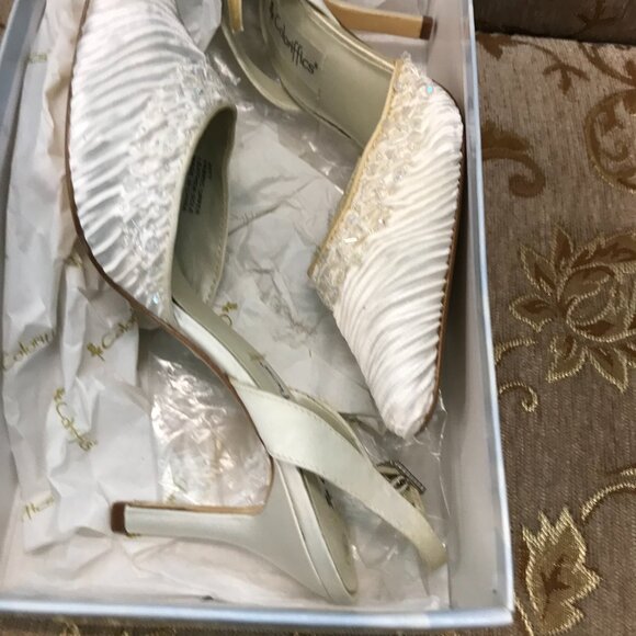 Dye-Able Ivory Satin Bling Beaded Slingback D'Orsay, Formal Pump Dress Wedding - Picture 11 of 16